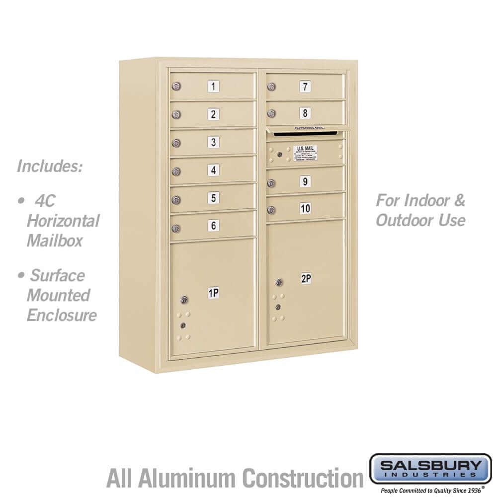 Salsbury Industries 4C Horizontal Mailbox with USPS Access — 10 Door High [10 Doors + 2 Parcel Lockers] 3810D-10SFU 820996626424 YourLockerStore