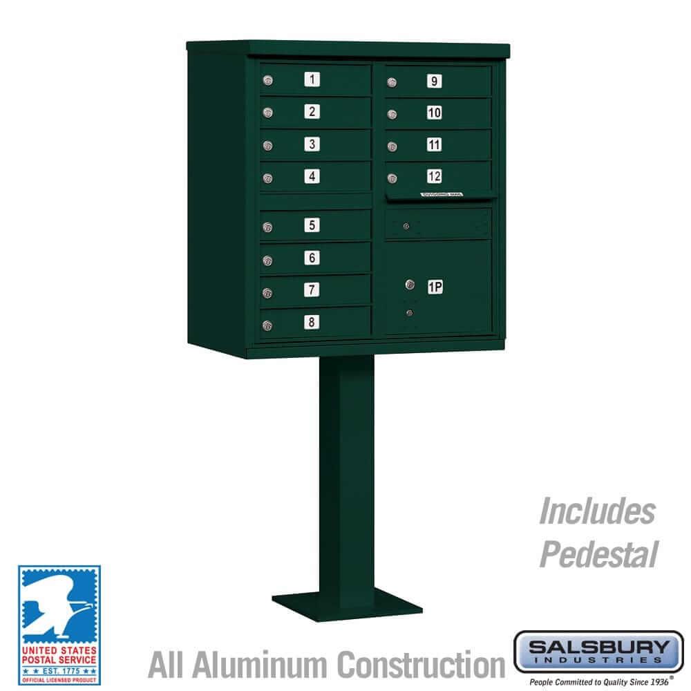Salsbury Industries Cluster Box Unit with USPS Access — Type II — 12 Doors and 1 Parcel Locker 3312GRN-U 820996443908 YourLockerStore