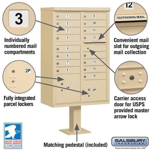 Salsbury Industries Cluster Box Unit with USPS Access — Type III — 16 Doors and 2 Parcel Lockers YourLockerStore
