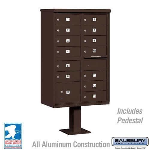 Salsbury Industries Cluster Box Unit with USPS Access — Type IV — 13 Doors and 1 Parcel Locker 3313BRZ-U 820996444028 YourLockerStore