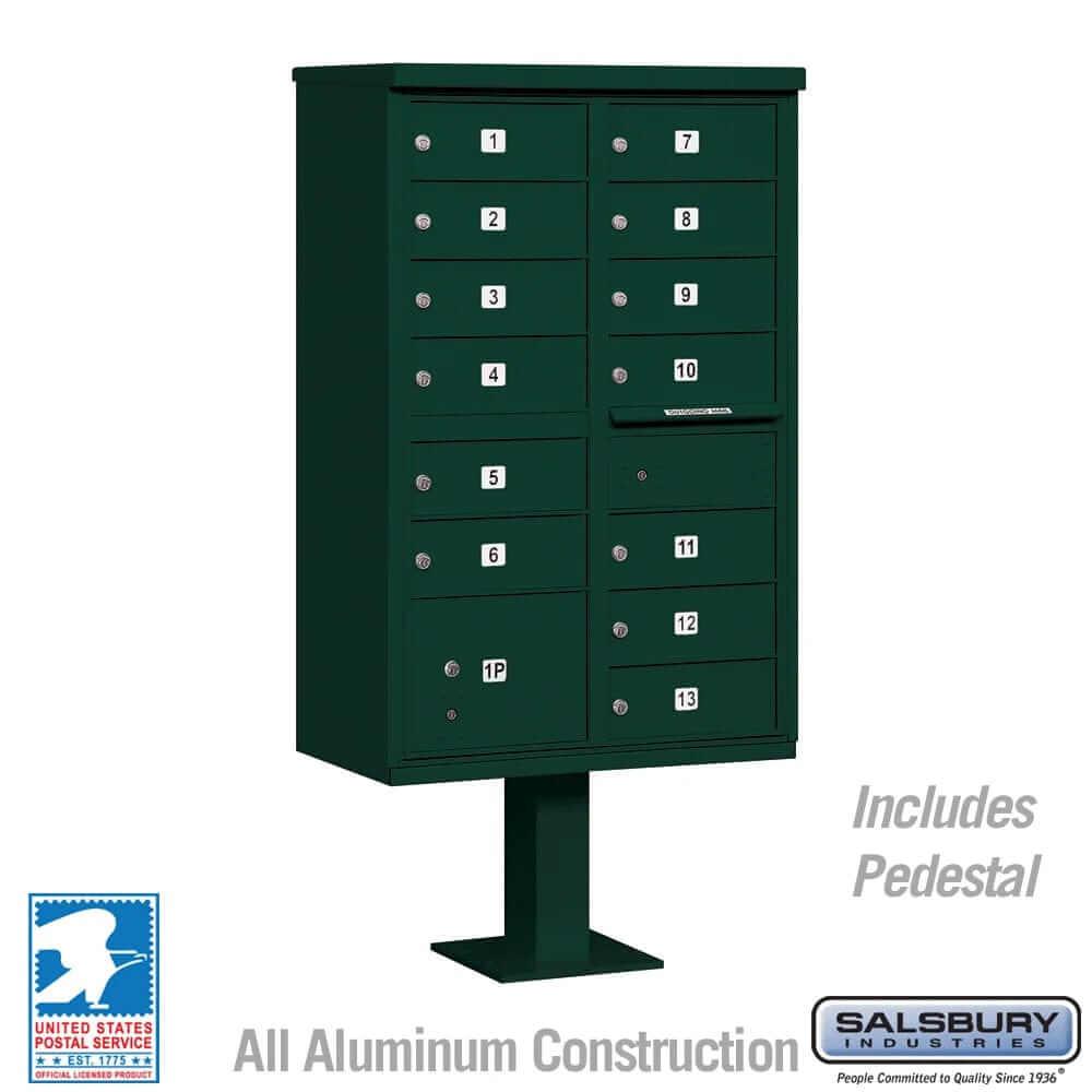 Salsbury Industries Cluster Box Unit with USPS Access — Type IV — 13 Doors and 1 Parcel Locker 3313GRN-U 820996444035 YourLockerStore