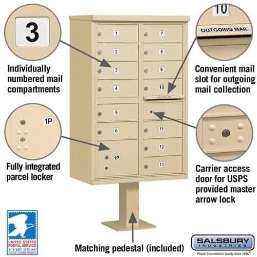 Salsbury Industries Cluster Box Unit with USPS Access — Type IV — 13 Doors and 1 Parcel Locker YourLockerStore