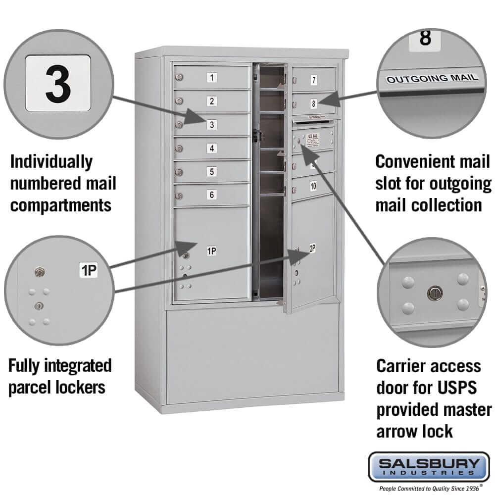 Salsbury Industries Free-Standing 4C Horizontal Mailbox with USPS Access — 10 Door High [10 Doors and 2 Parcel Lockers] YourLockerStore