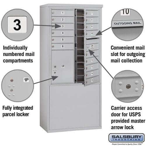 Salsbury Industries Free-Standing 4C Horizontal Mailbox with USPS Access — 11 Door High [15 Doors and 1 Parcel Locker] YourLockerStore