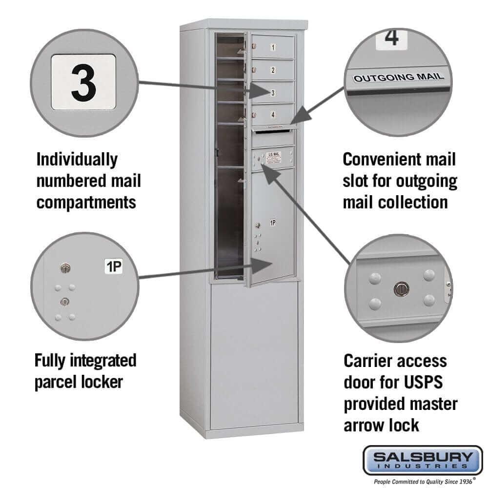 Salsbury Industries Free-Standing 4C Horizontal Mailbox with USPS Access — 11 Door High [4 Doors and 1 Parcel Locker] YourLockerStore