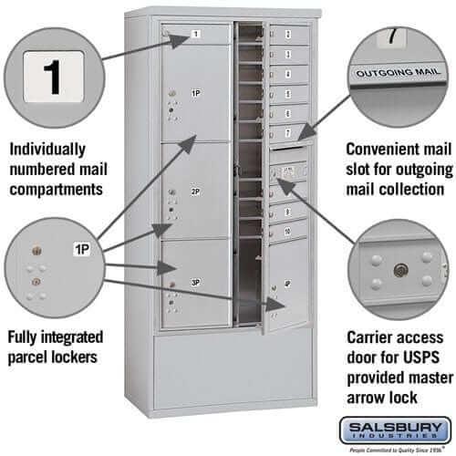 Salsbury Industries Free-Standing 4C Horizontal Mailbox with USPS Access — Maximum Height [10 Doors + 4 Parcel Lockers] YourLockerStore
