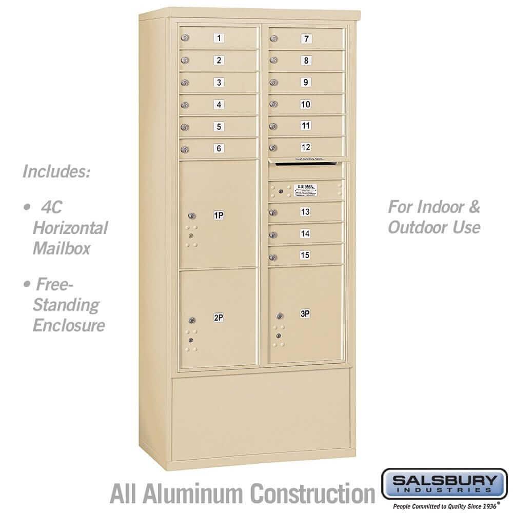 Salsbury Industries Free-Standing 4C Horizontal Mailbox with USPS Access — Maximum Height [15 Doors + 3 Parcel Lockers] 3916D-15ZFU 820996626943 YourLockerStore