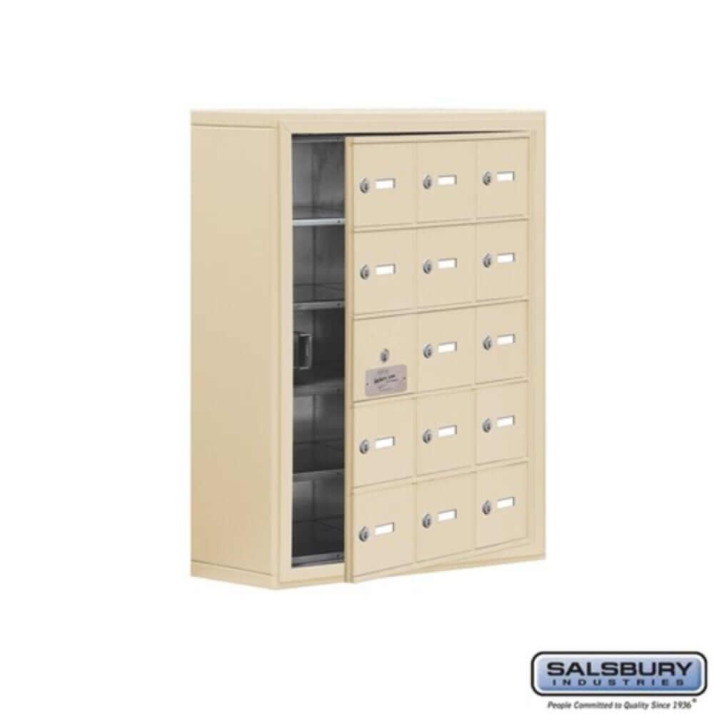 Metal Cell Phone Lockers: Heavy Duty Aluminum Locker - 5 Tier, 3 Wide [15 A Doors] - Sandstone - Salsbury Industries