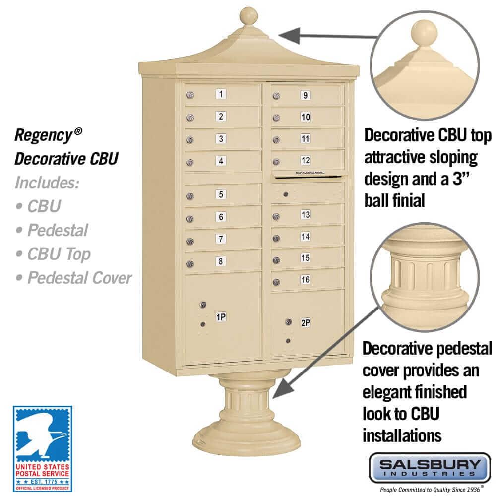 Salsbury Industries Regency Decorative Cluster Box Unit with USPS Access — Type III — 16 Doors and 2 Parcel Lockers YourLockerStore