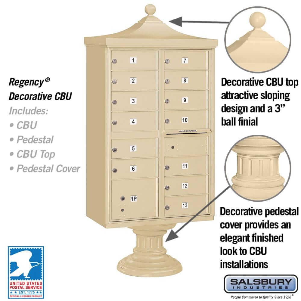 Salsbury Industries Regency Decorative Cluster Box Unit with USPS Access — Type IV — 13 Doors and 1 Parcel Locker YourLockerStore