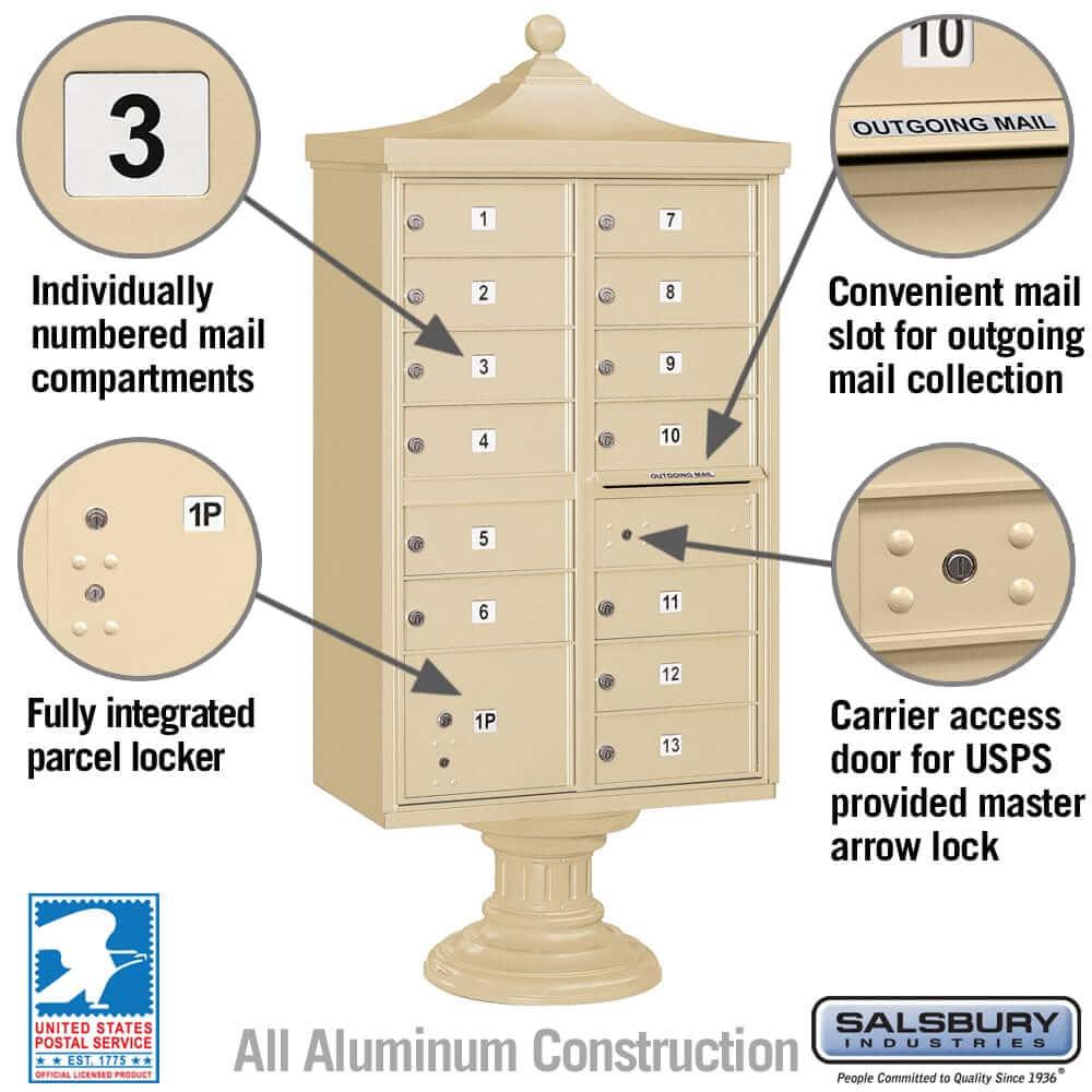 Salsbury Industries Regency Decorative Cluster Box Unit with USPS Access — Type IV — 13 Doors and 1 Parcel Locker YourLockerStore