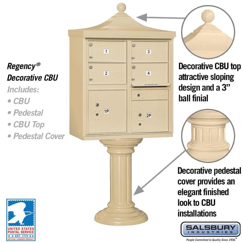 Salsbury Industries Regency Decorative Cluster Box Unit with USPS Access — Type V — 4 Doors and 2 Parcel Lockers YourLockerStore
