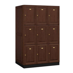 Wood Lockers: Solid Oak Executive Wood Locker - 3 Tier, 3 Wide - Dark Oak - Salsbury Industries