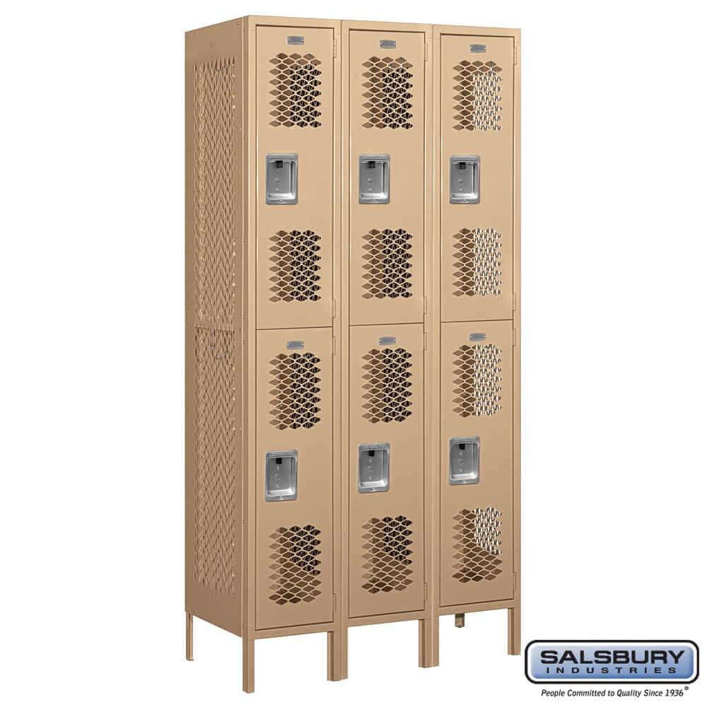 Metal Lockers: Vented Steel Locker - 2 Tier, 3 Wide - Tan - Salsbury Industries
