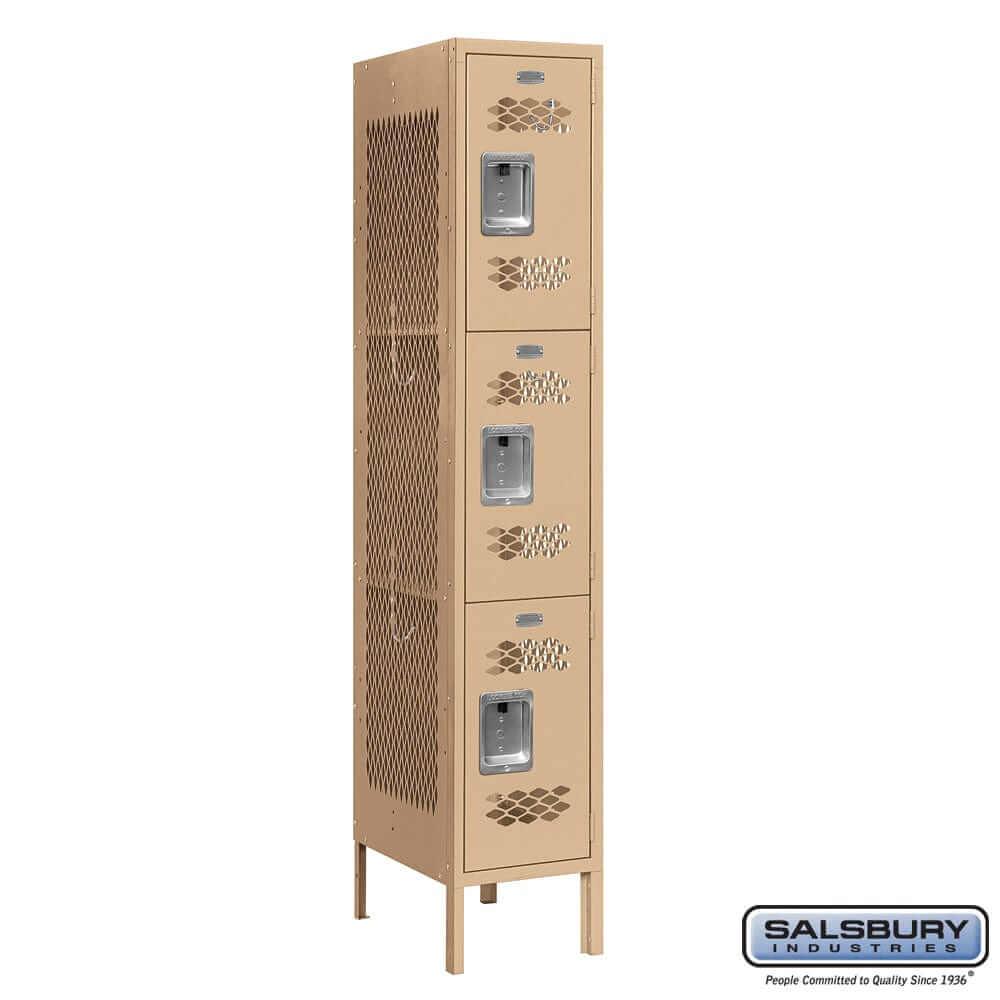 Metal Lockers: Vented Steel Locker - 3 Tier, 1 Wide - Tan - Salsbury Industries