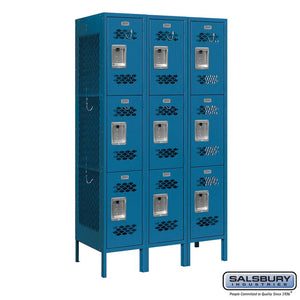 Metal Lockers: Vented Steel Locker - 3 Tier, 3 Wide - Blue - Salsbury Industries