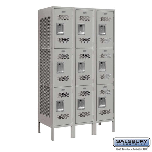 Metal Lockers: Vented Steel Locker - 3 Tier, 3 Wide - Gray - Salsbury Industries