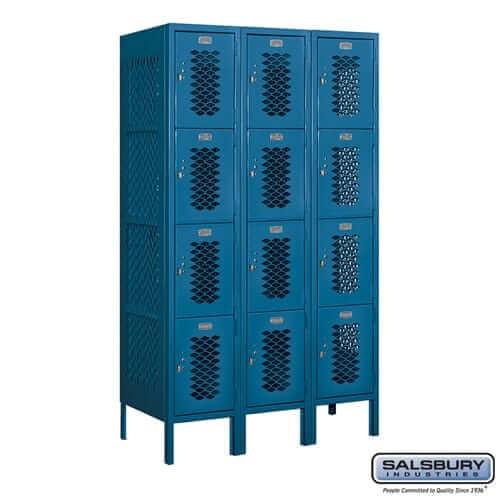 Metal Lockers: Vented Steel Locker - 4 Tier, 3 Wide - Blue - Salsbury Industries