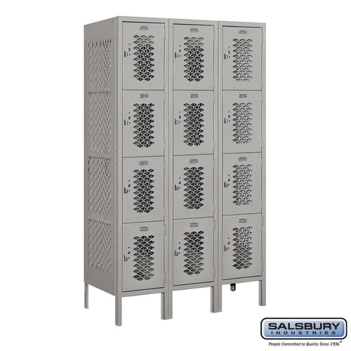 Metal Lockers: Vented Steel Locker - 4 Tier, 3 Wide - Gray - Salsbury Industries