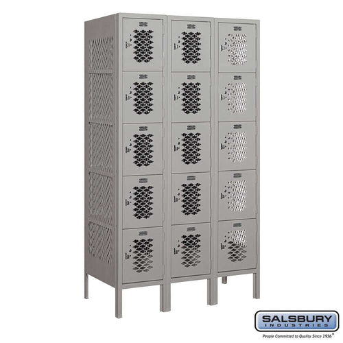 Metal Lockers: Vented Steel Locker - Box Style - 5 Tier, 3 Wide - Gray - Salsbury Industries