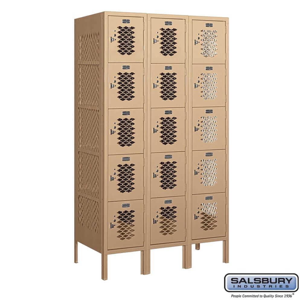 Metal Lockers: Vented Steel Locker - Box Style - 5 Tier, 3 Wide - Tan - Salsbury Industries