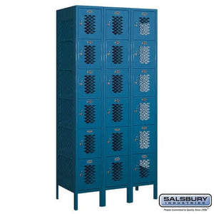 Metal Lockers: Vented Steel Locker - Box Style - 6 Tier, 3 Wide - Blue - Salsbury Industries