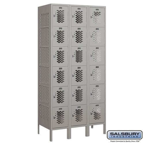 Metal Lockers: Vented Steel Locker - Box Style - 6 Tier, 3 Wide - Gray - Salsbury Industries